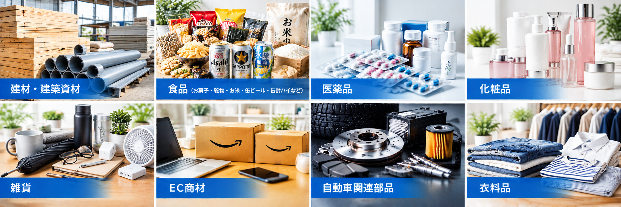 建材・建築資材、食品、医薬品、化粧品、雑貨、EC商材、自動車関連部品、衣料品など、幅広い荷物を取り扱っています。