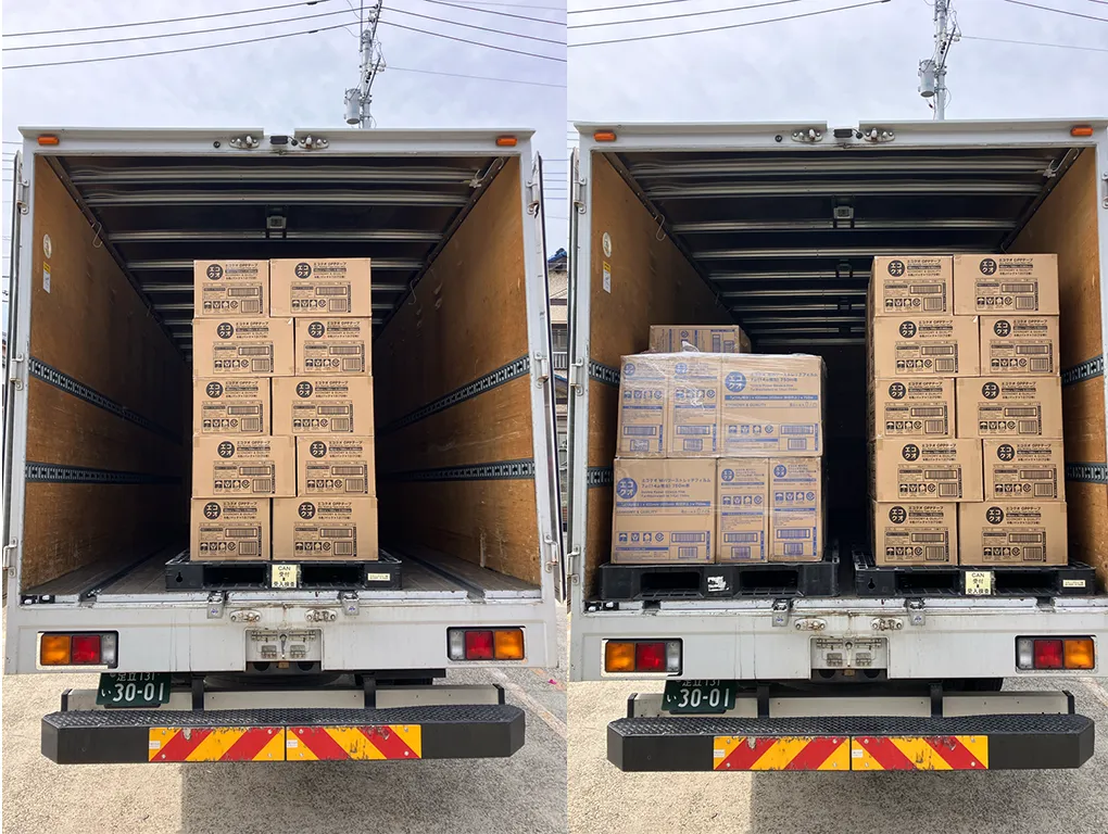 トラックの荷台に設置されたパレットローダー